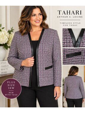 NWT Tahari Arthur S Levine Blazer 16W Purple Tweed Faux Leather Trim Jacket
